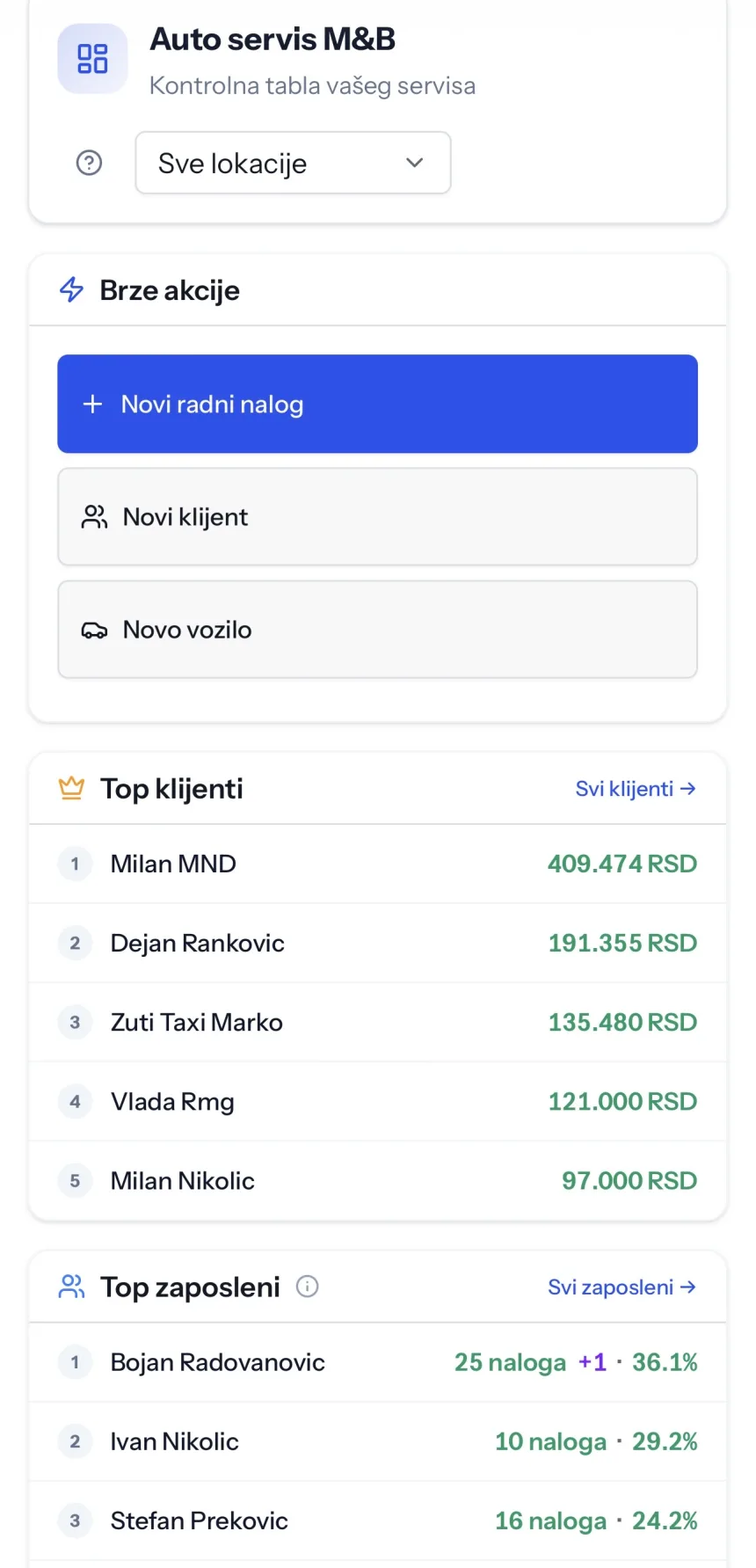 MojEServis kontrolna tabla na telefonu