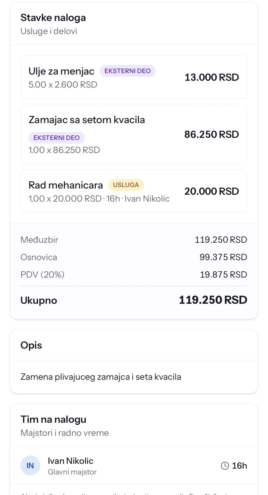 Radni nalog na telefonu: stavke, PDV i ukupan iznos